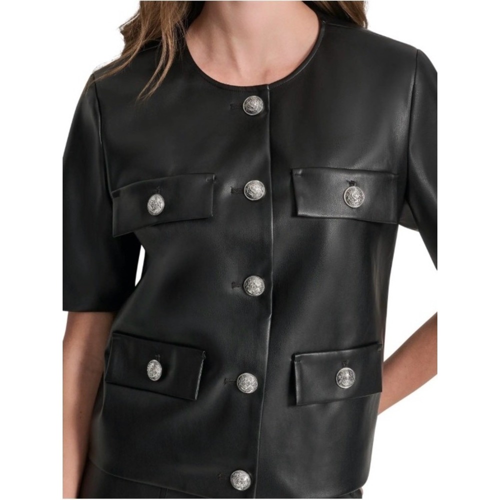 DKNY Jeans Womens Black Faux Leather Short Sleeve Button Front Jacket XS NWT NEW
